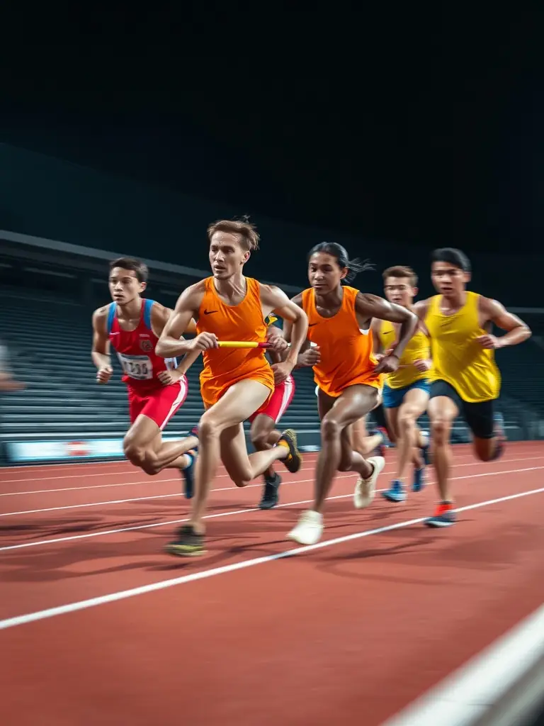 A dynamic image of athletes competing in a relay race, emphasizing teamwork, speed, and coordination.