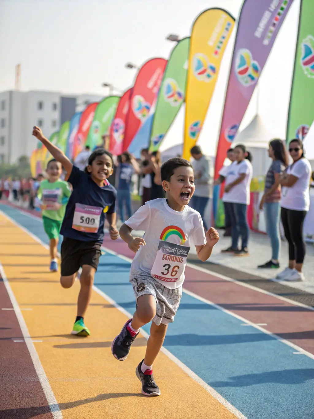 Children participating in a fun athletics day, engaging in various track and field activities with smiles and enthusiasm.