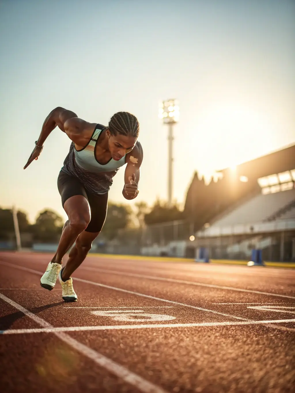 A young athlete sprinting on a track, focused and determined, showcasing the physical benefits of athletics.