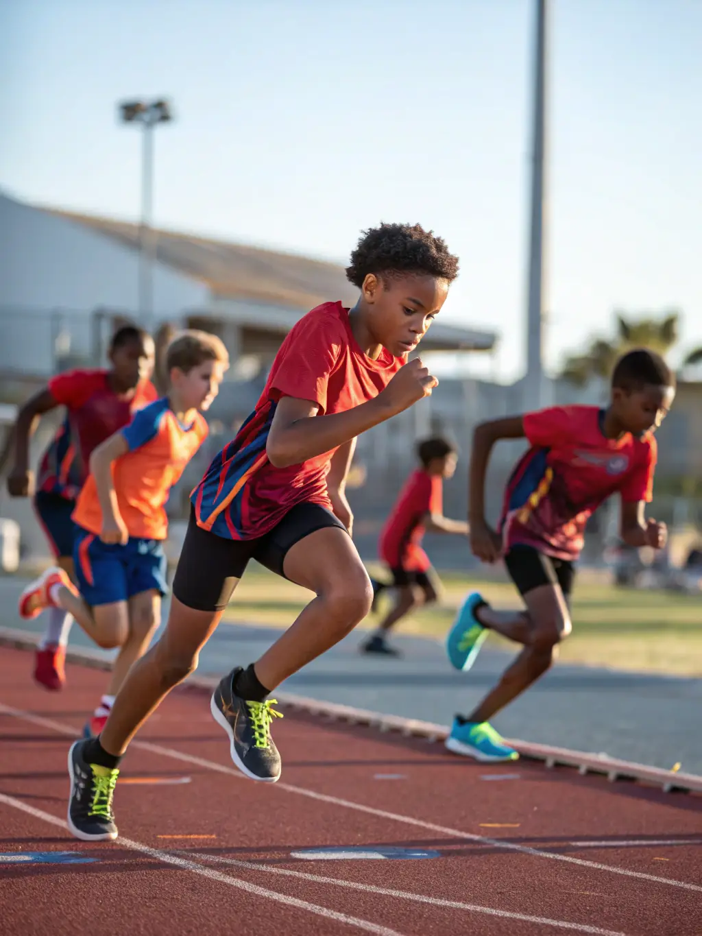 A group of young athletes participating in a track and field training session at a local stadium, focusing on sprinting techniques.