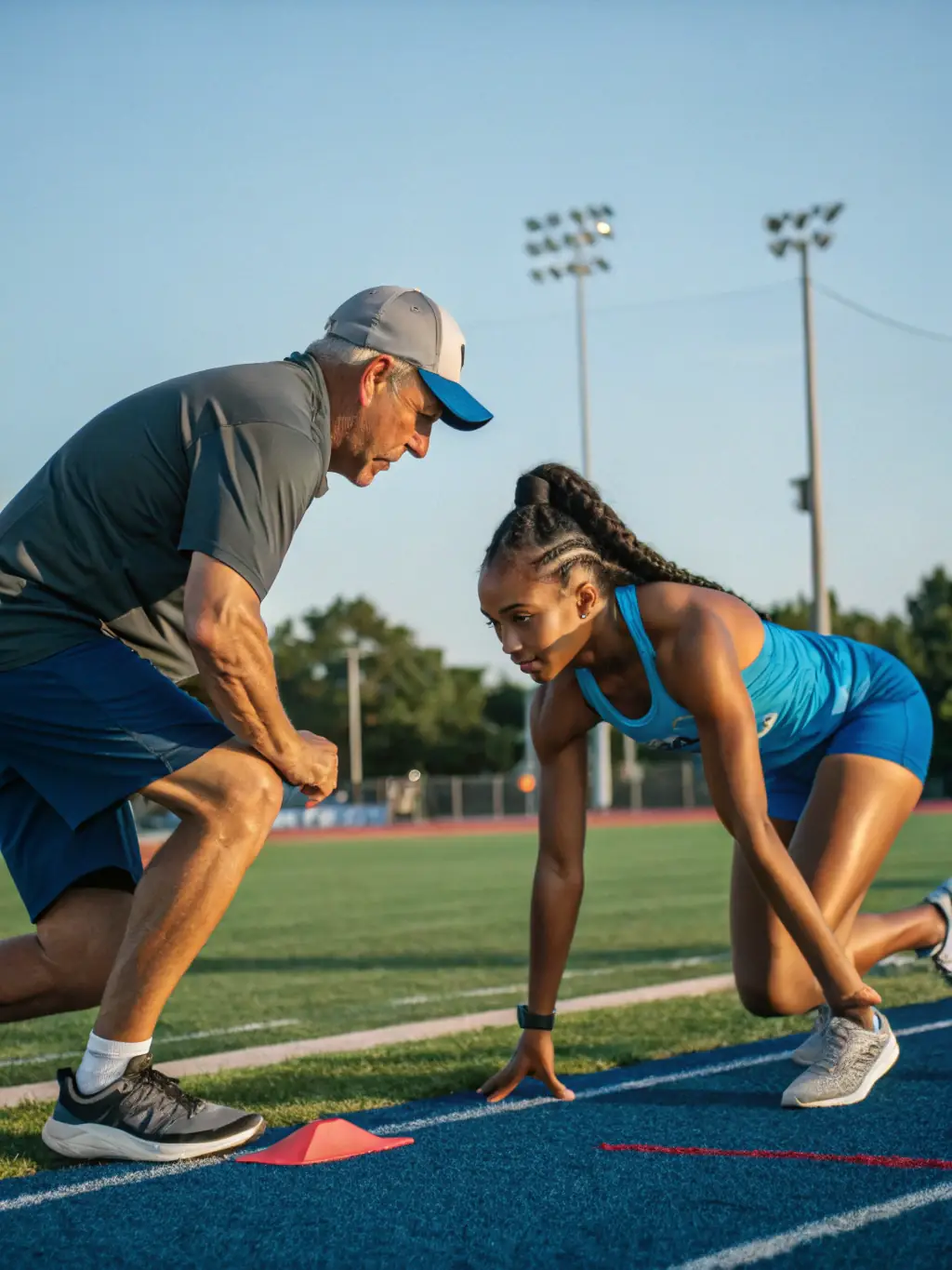 A coach is guiding a javelin thrower during a training session, highlighting the specialized coaching available.