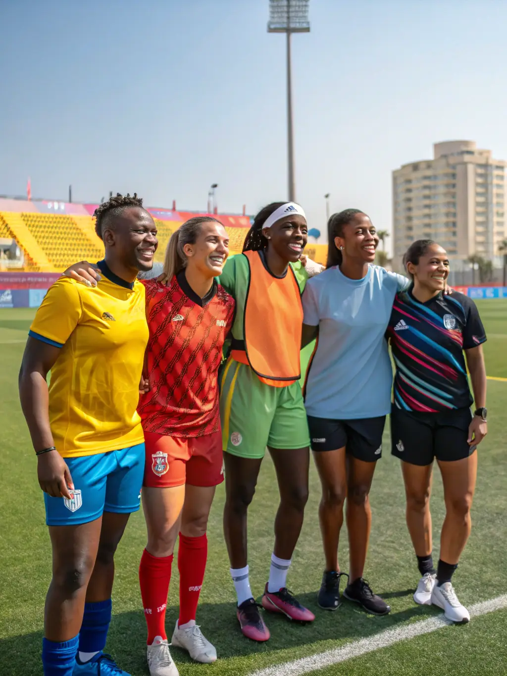 A diverse group of athletes celebrating a victory, emphasizing the inclusive and community-building aspect of athletics.